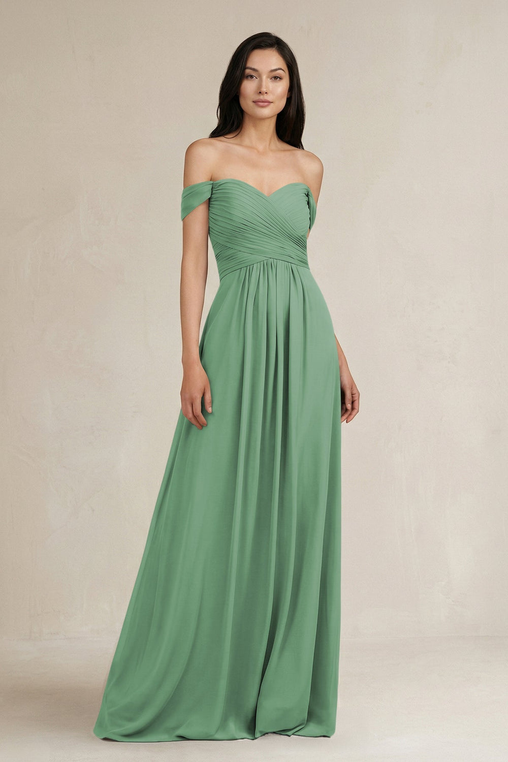 A - Line Pleated Off - the - Shoulder Chiffon Bridesmaid Dress in Sea Glass - KissProm Bridesmaid Dresses