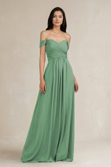 A - Line Pleated Off - the - Shoulder Chiffon Bridesmaid Dress in Sea Glass - KissProm Bridesmaid Dresses