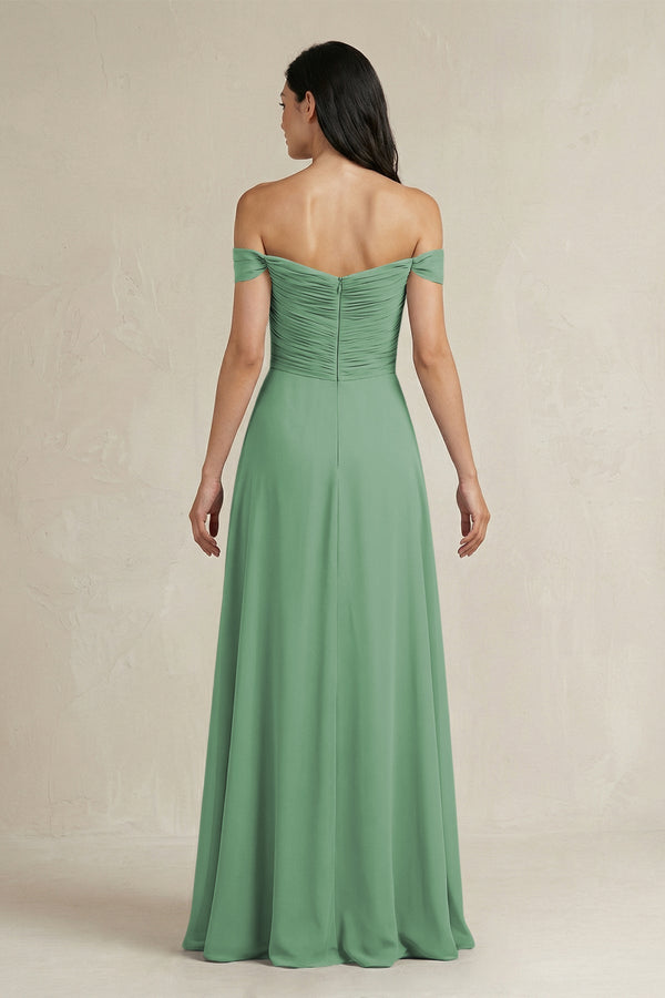 A - Line Pleated Off - the - Shoulder Chiffon Bridesmaid Dress in Sea Glass - KissProm Bridesmaid Dresses