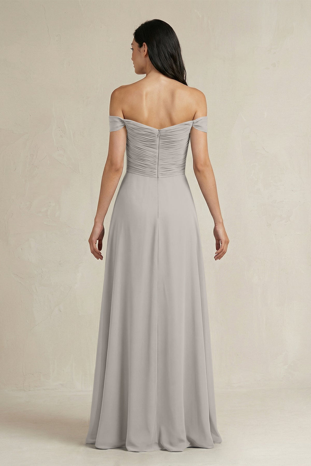 A - Line Pleated Off - the - Shoulder Chiffon Bridesmaid Dress in Silver - KissProm Bridesmaid Dresses