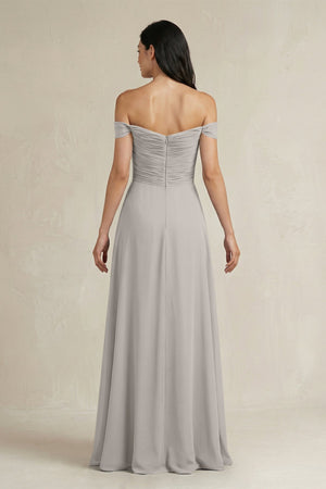 A - Line Pleated Off - the - Shoulder Chiffon Bridesmaid Dress in Silver - KissProm Bridesmaid Dresses