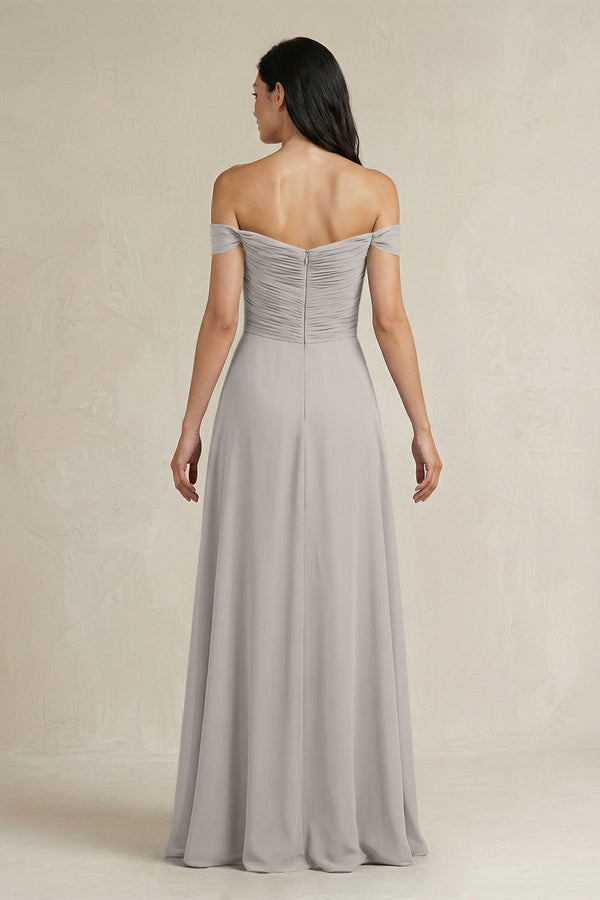 A - Line Pleated Off - the - Shoulder Chiffon Bridesmaid Dress in Silver - KissProm Bridesmaid Dresses