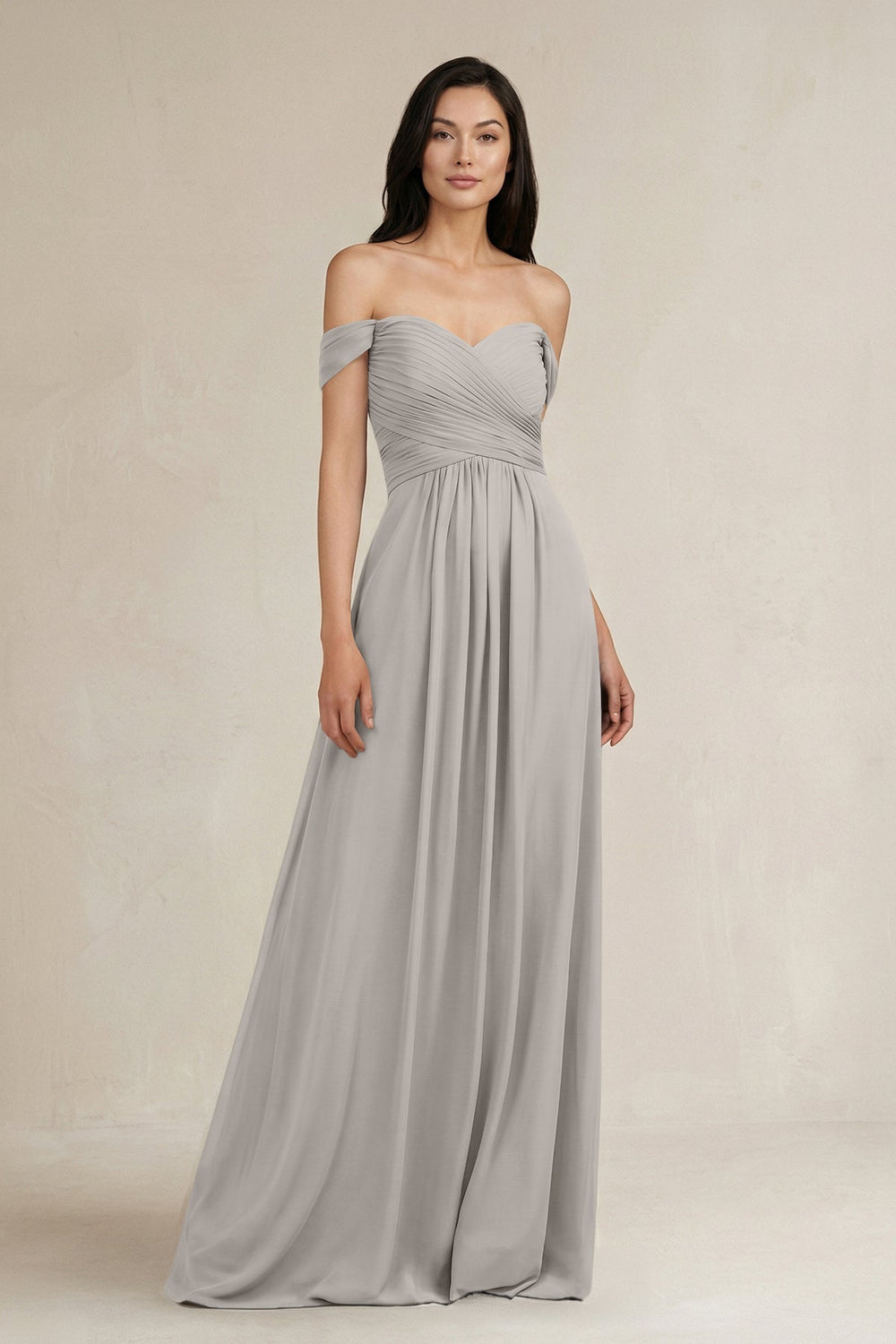 A - Line Pleated Off - the - Shoulder Chiffon Bridesmaid Dress in Silver - KissProm Bridesmaid Dresses