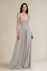A - Line Pleated Off - the - Shoulder Chiffon Bridesmaid Dress in Silver - KissProm Bridesmaid Dresses