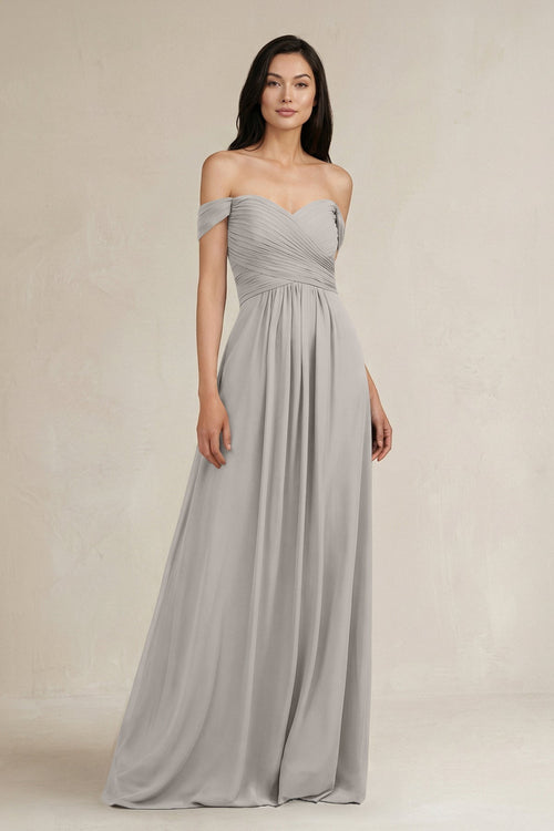 A - Line Pleated Off - the - Shoulder Chiffon Bridesmaid Dress in Silver - KissProm Bridesmaid Dresses