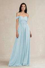 A - Line Pleated Off - the - Shoulder Chiffon Bridesmaid Dress in Sky Blue - KissProm Bridesmaid Dresses
