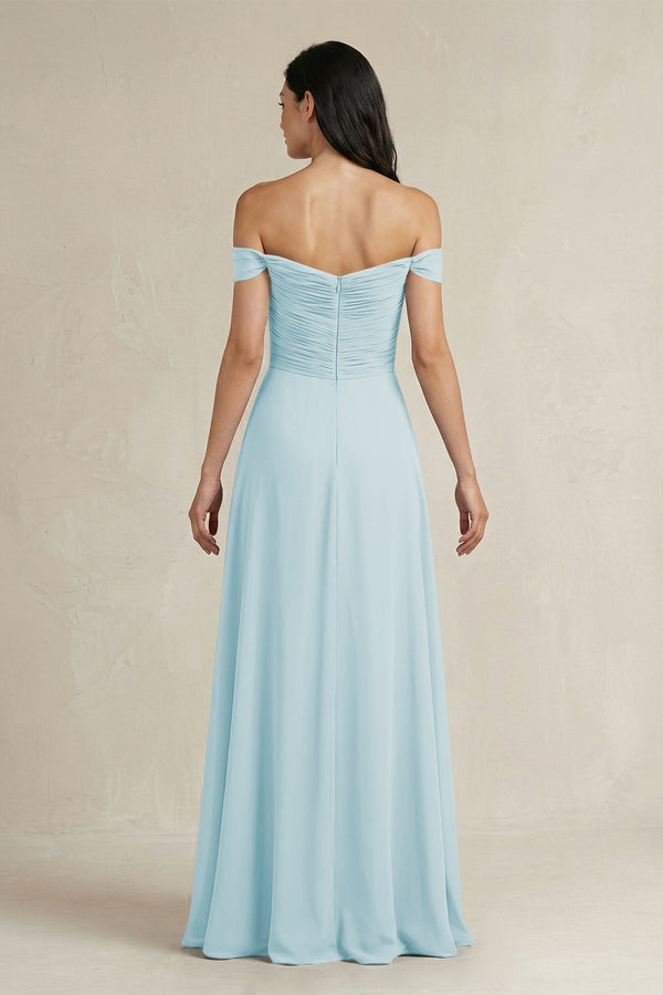 A - Line Pleated Off - the - Shoulder Chiffon Bridesmaid Dress in Sky Blue - KissProm Bridesmaid Dresses