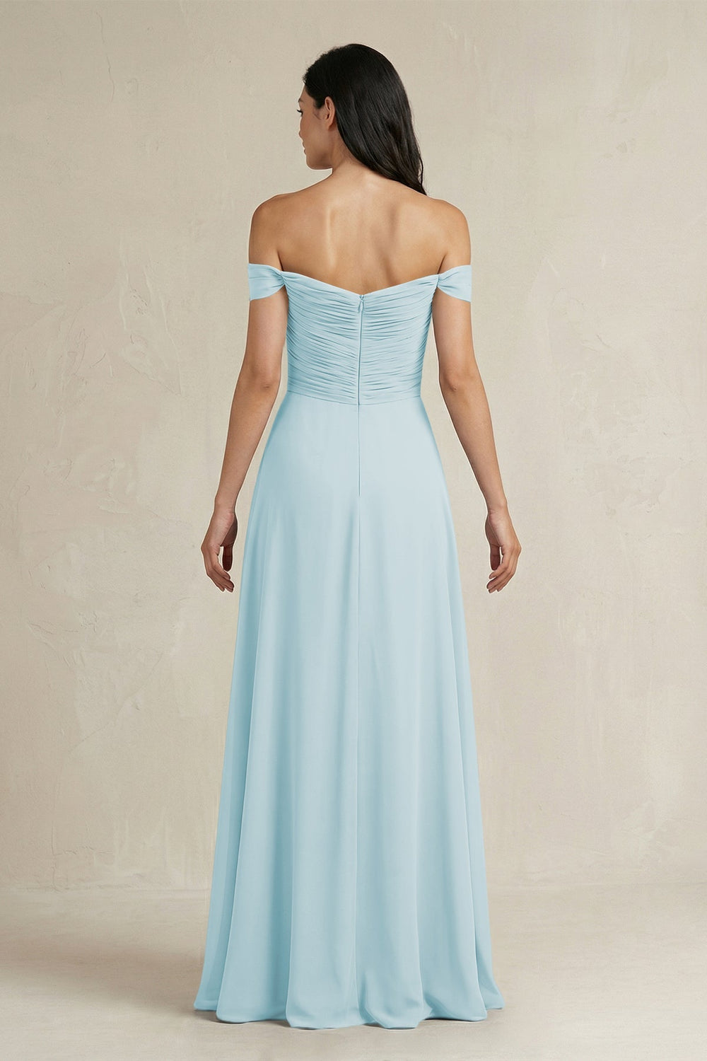 A - Line Pleated Off - the - Shoulder Chiffon Bridesmaid Dress in Sky Blue - KissProm Bridesmaid Dresses