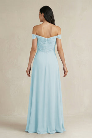 A - Line Pleated Off - the - Shoulder Chiffon Bridesmaid Dress in Sky Blue - KissProm Bridesmaid Dresses