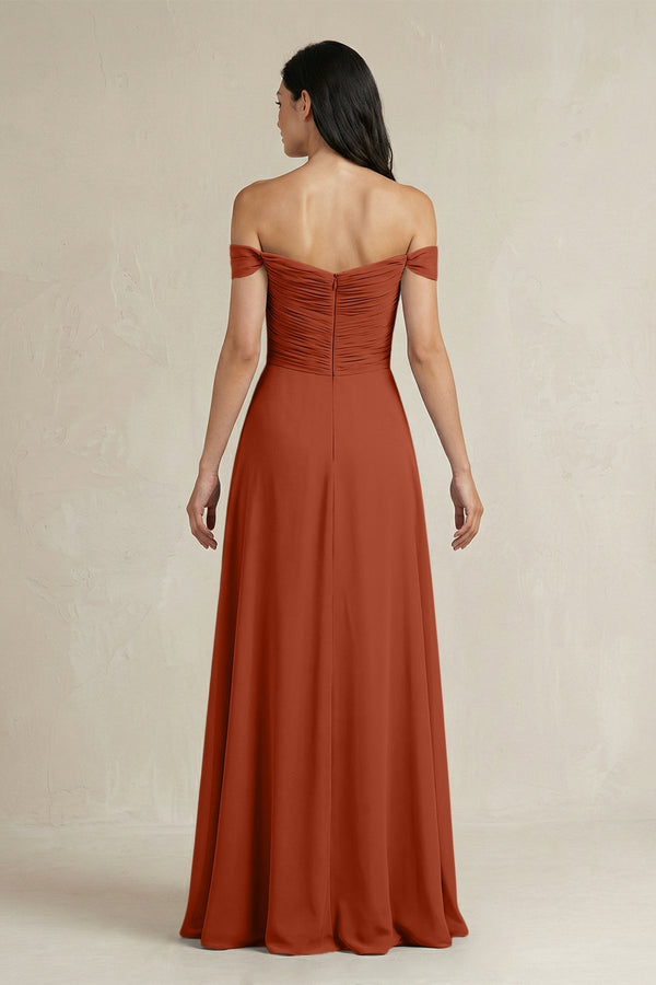 A - Line Pleated Off - the - Shoulder Chiffon Bridesmaid Dress in Spice - KissProm Bridesmaid Dresses