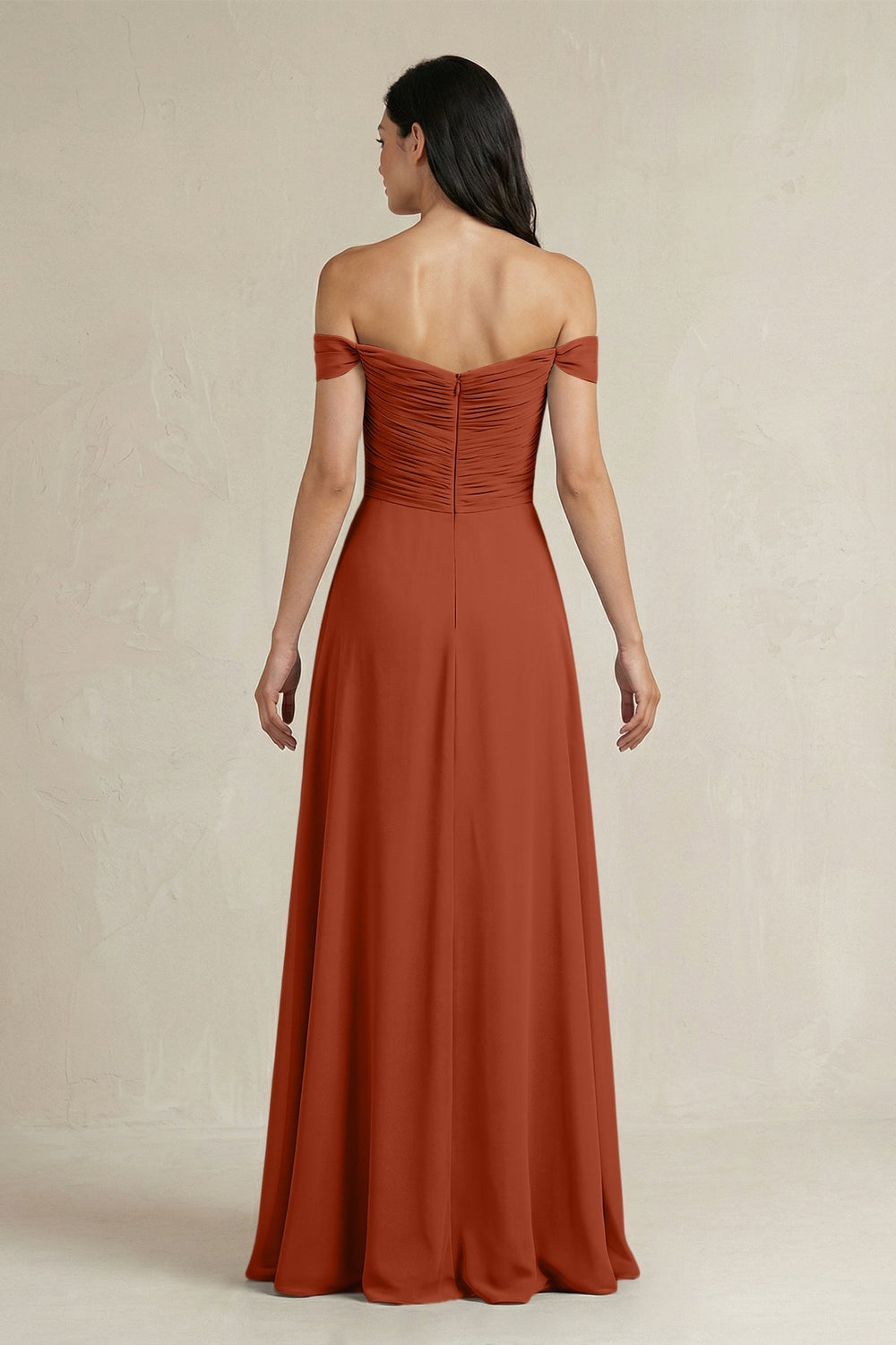 A - Line Pleated Off - the - Shoulder Chiffon Bridesmaid Dress in Spice - KissProm Bridesmaid Dresses
