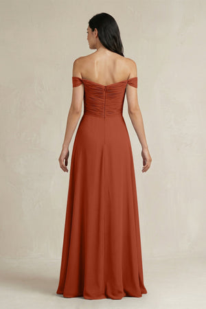 A - Line Pleated Off - the - Shoulder Chiffon Bridesmaid Dress in Spice - KissProm Bridesmaid Dresses