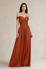 A - Line Pleated Off - the - Shoulder Chiffon Bridesmaid Dress in Spice - KissProm Bridesmaid Dresses