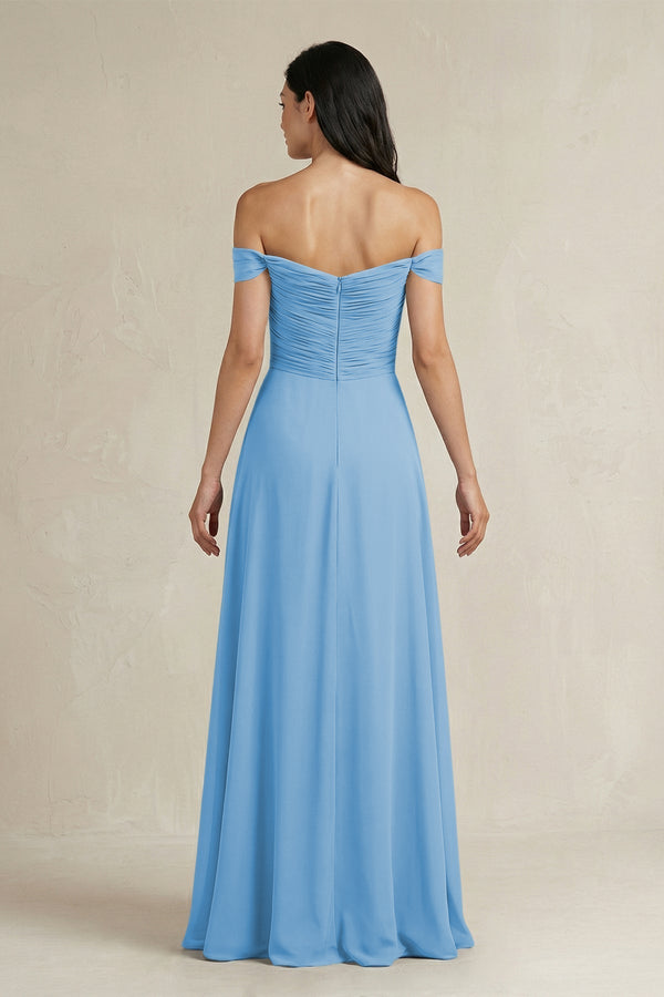 A - Line Pleated Off - the - Shoulder Chiffon Bridesmaid Dress in Steel Blue - KissProm Bridesmaid Dresses