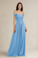 A - Line Pleated Off - the - Shoulder Chiffon Bridesmaid Dress in Steel Blue - KissProm Bridesmaid Dresses