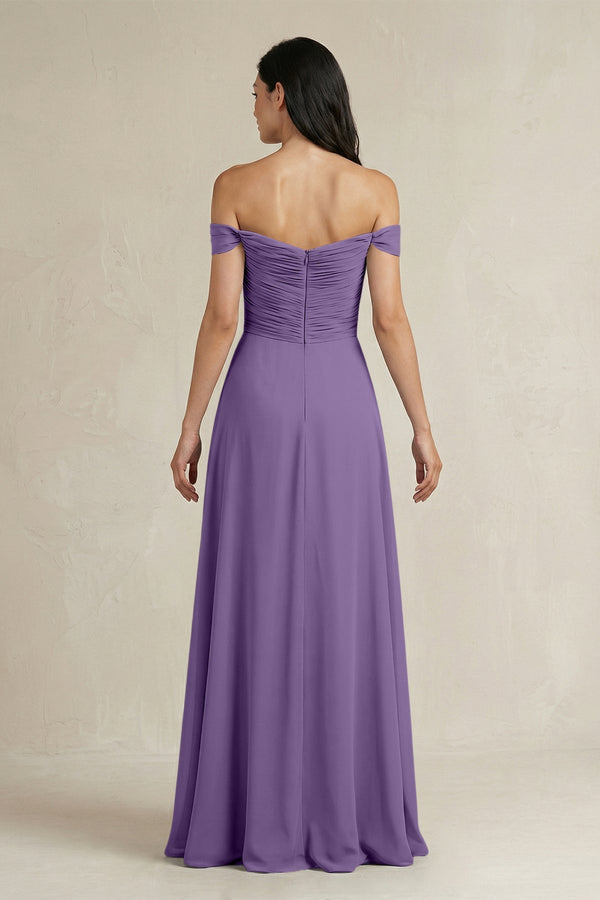 A - Line Pleated Off - the - Shoulder Chiffon Bridesmaid Dress in Tahiti - KissProm Bridesmaid Dresses