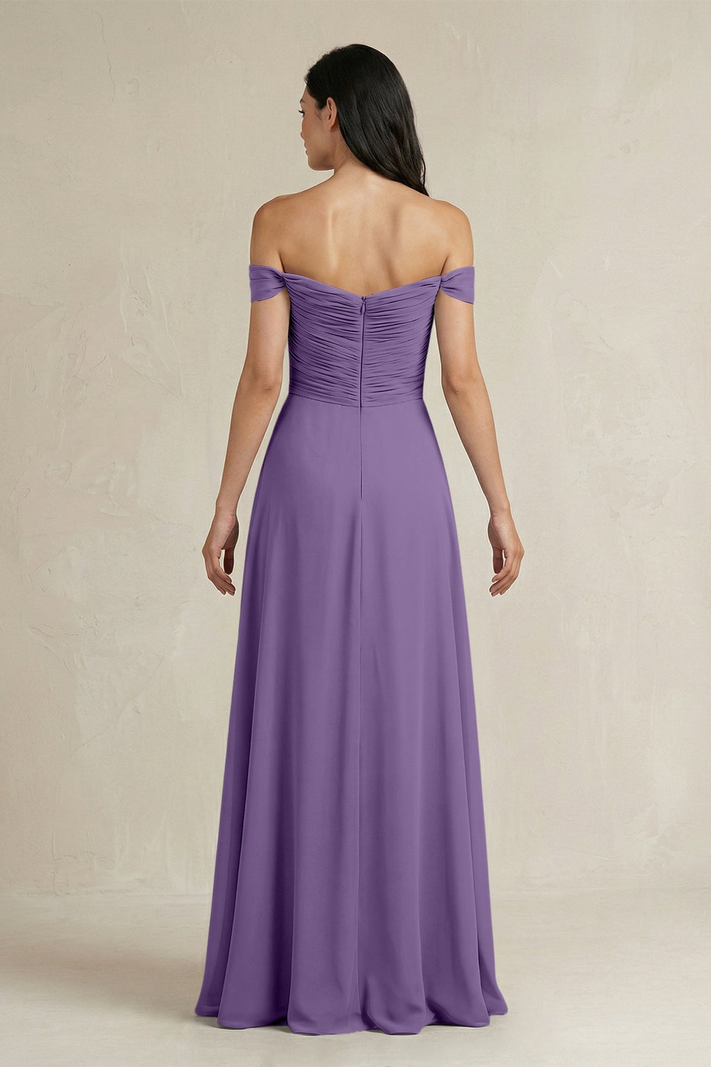 A - Line Pleated Off - the - Shoulder Chiffon Bridesmaid Dress in Tahiti - KissProm Bridesmaid Dresses