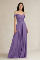 A - Line Pleated Off - the - Shoulder Chiffon Bridesmaid Dress in Tahiti - KissProm Bridesmaid Dresses