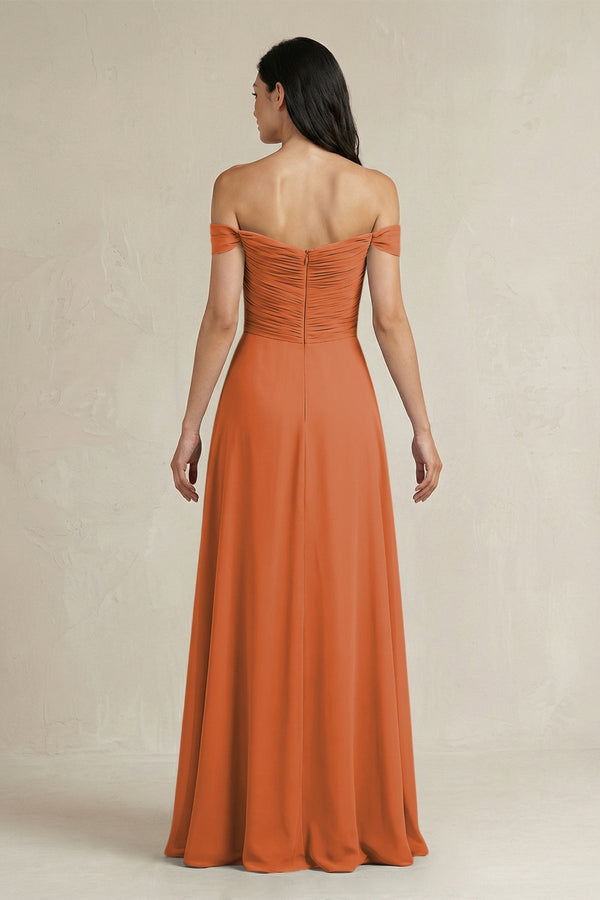 A - Line Pleated Off - the - Shoulder Chiffon Bridesmaid Dress in Terracotta - KissProm Bridesmaid Dresses
