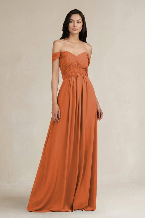 A - Line Pleated Off - the - Shoulder Chiffon Bridesmaid Dress in Terracotta - KissProm Bridesmaid Dresses