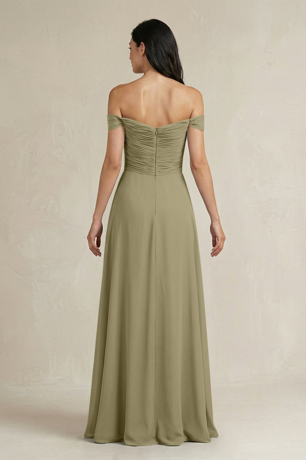 A - Line Pleated Off - the - Shoulder Chiffon Bridesmaid Dress in Thyme - KissProm Bridesmaid Dresses