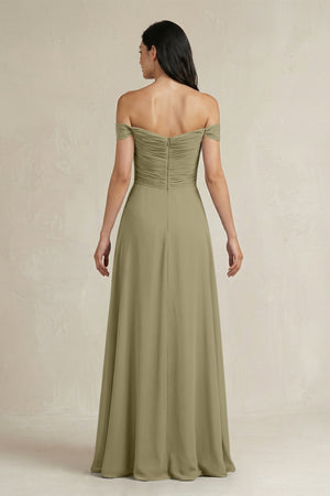 A - Line Pleated Off - the - Shoulder Chiffon Bridesmaid Dress in Thyme - KissProm Bridesmaid Dresses
