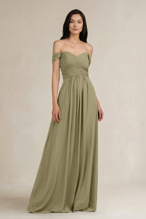 A - Line Pleated Off - the - Shoulder Chiffon Bridesmaid Dress in Thyme - KissProm Bridesmaid Dresses