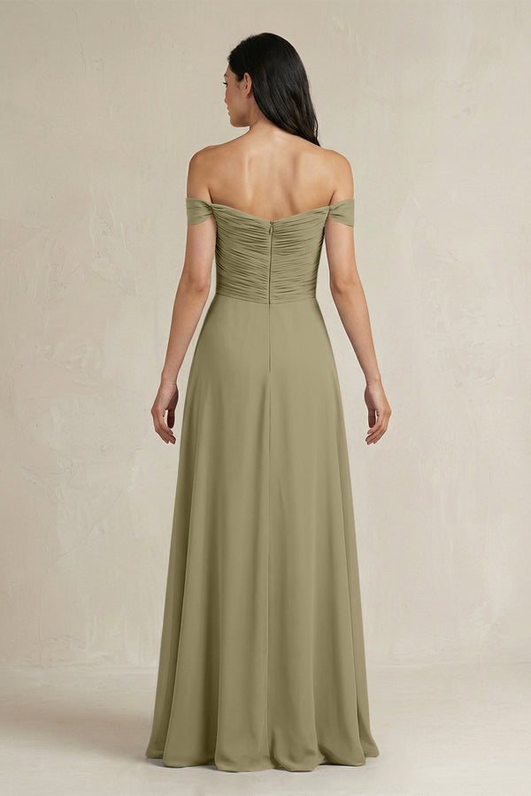 A - Line Pleated Off - the - Shoulder Chiffon Bridesmaid Dress in Thyme - KissProm Bridesmaid Dresses