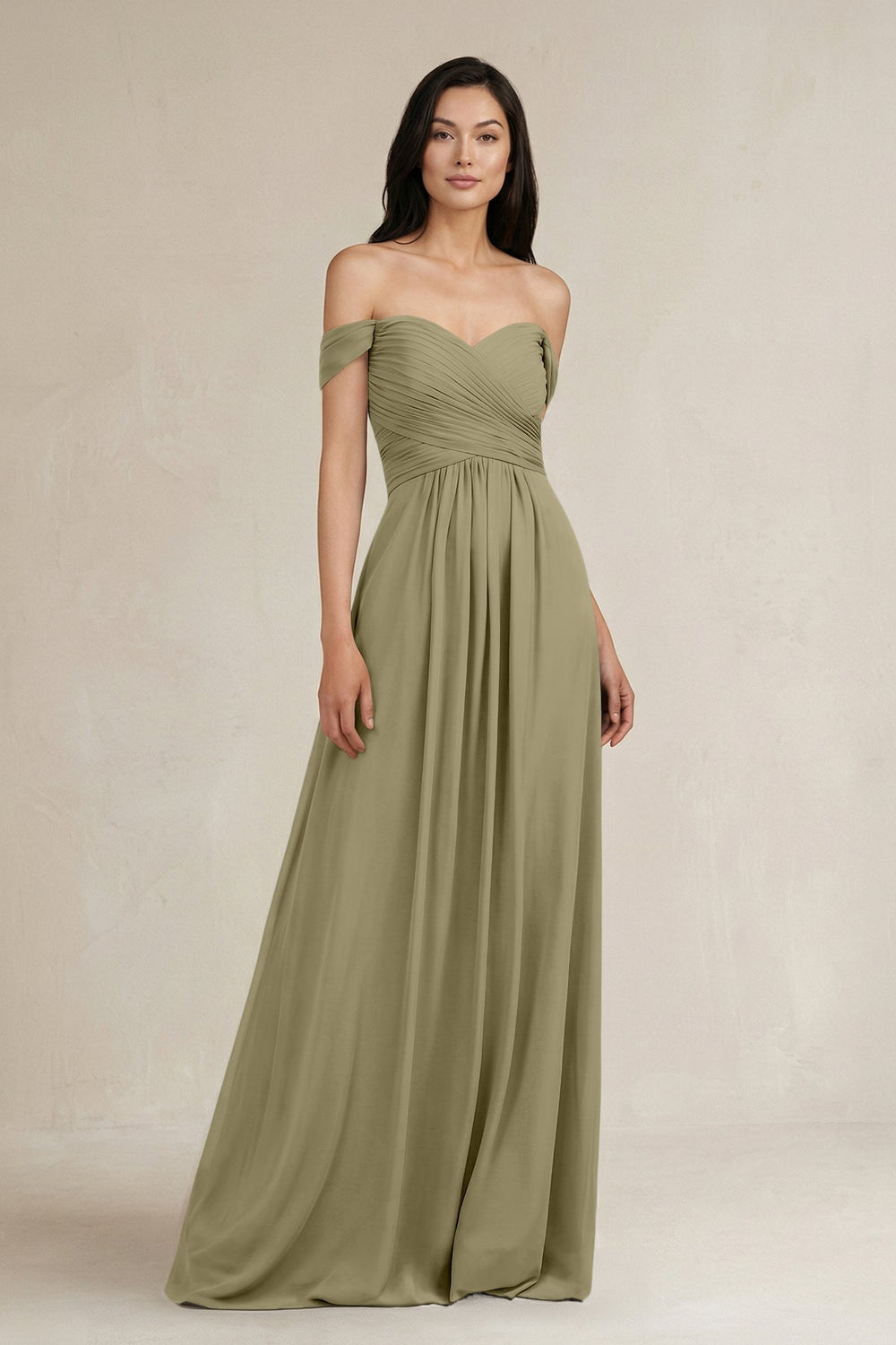 A - Line Pleated Off - the - Shoulder Chiffon Bridesmaid Dress in Thyme - KissProm Bridesmaid Dresses