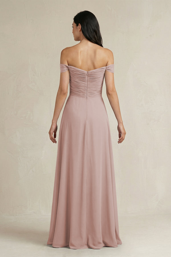 A - Line Pleated Off - the - Shoulder Chiffon Bridesmaid Dress in Toffee - KissProm Bridesmaid Dresses