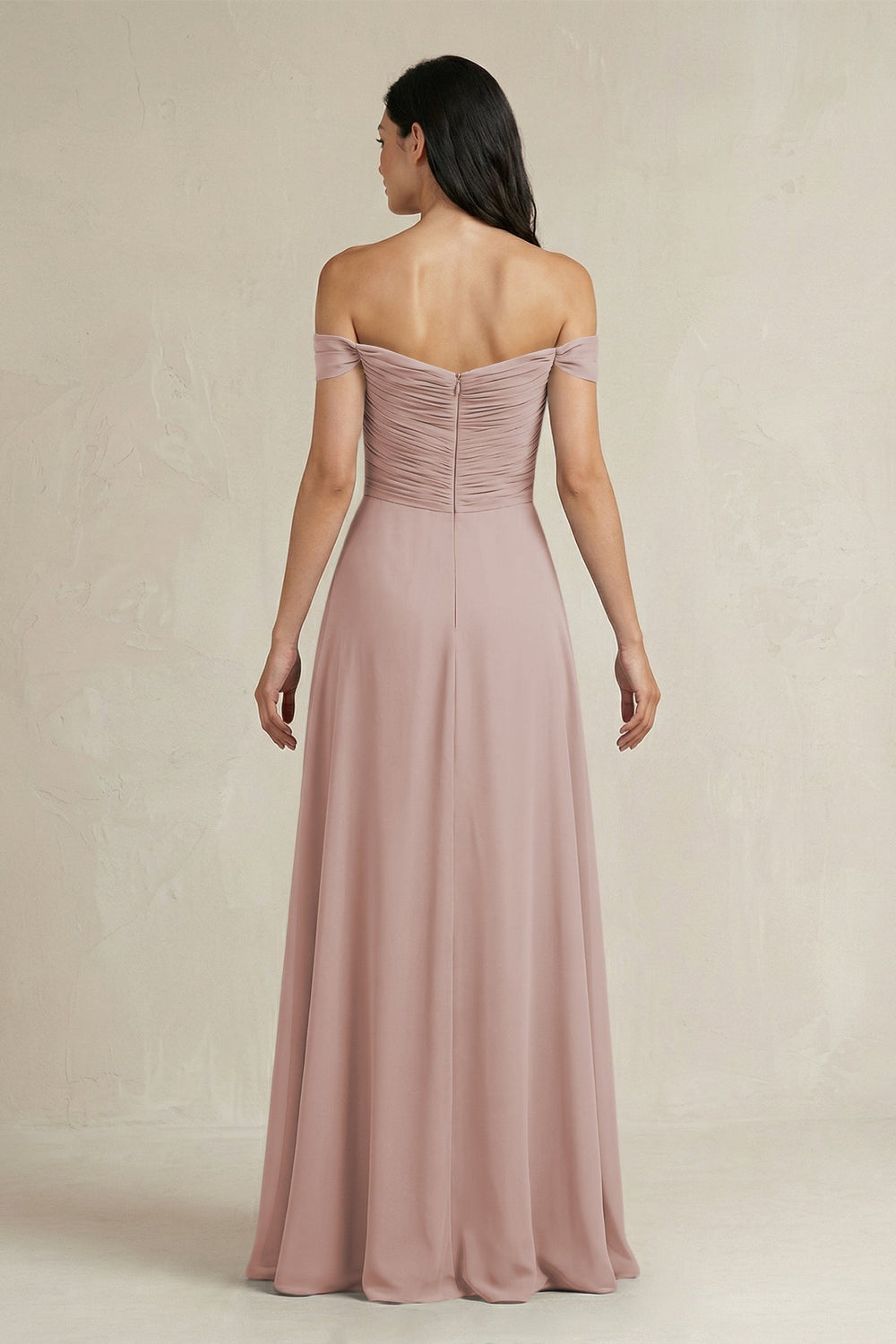 A - Line Pleated Off - the - Shoulder Chiffon Bridesmaid Dress in Toffee - KissProm Bridesmaid Dresses