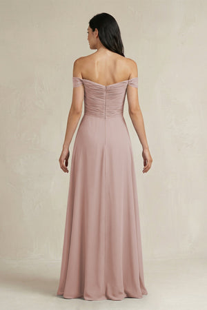 A - Line Pleated Off - the - Shoulder Chiffon Bridesmaid Dress in Toffee - KissProm Bridesmaid Dresses