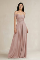 A - Line Pleated Off - the - Shoulder Chiffon Bridesmaid Dress in Toffee - KissProm Bridesmaid Dresses