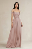 A - Line Pleated Off - the - Shoulder Chiffon Bridesmaid Dress in Toffee - KissProm Bridesmaid Dresses
