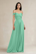 A - Line Pleated Off - the - Shoulder Chiffon Bridesmaid Dress in Turquoise - KissProm Bridesmaid Dresses