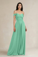 A - Line Pleated Off - the - Shoulder Chiffon Bridesmaid Dress in Turquoise - KissProm Bridesmaid Dresses