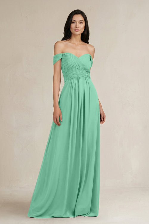 A - Line Pleated Off - the - Shoulder Chiffon Bridesmaid Dress in Turquoise - KissProm Bridesmaid Dresses