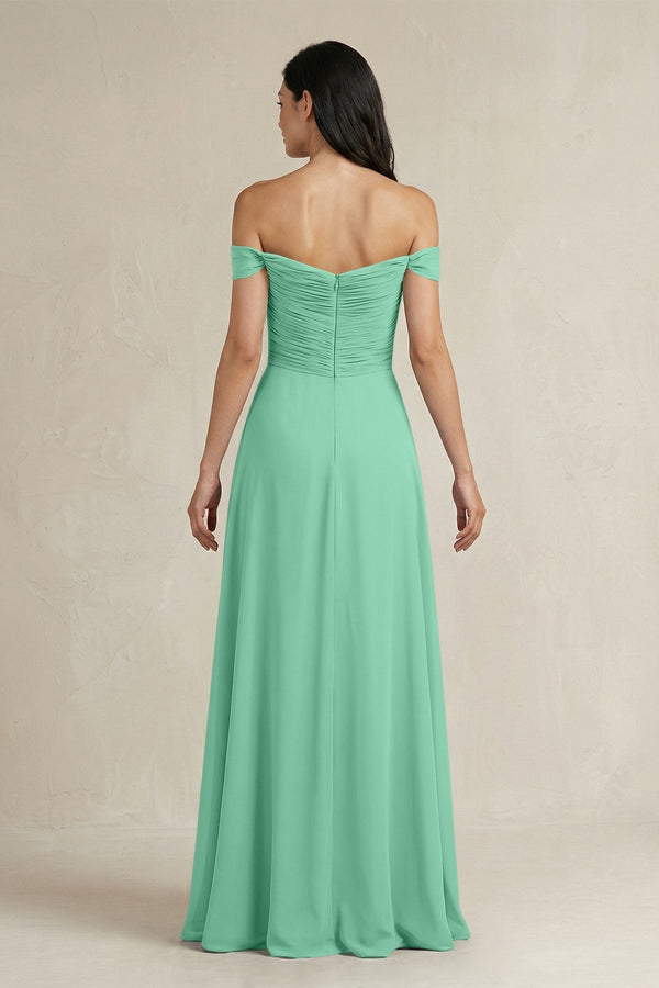 A - Line Pleated Off - the - Shoulder Chiffon Bridesmaid Dress in Turquoise - KissProm Bridesmaid Dresses