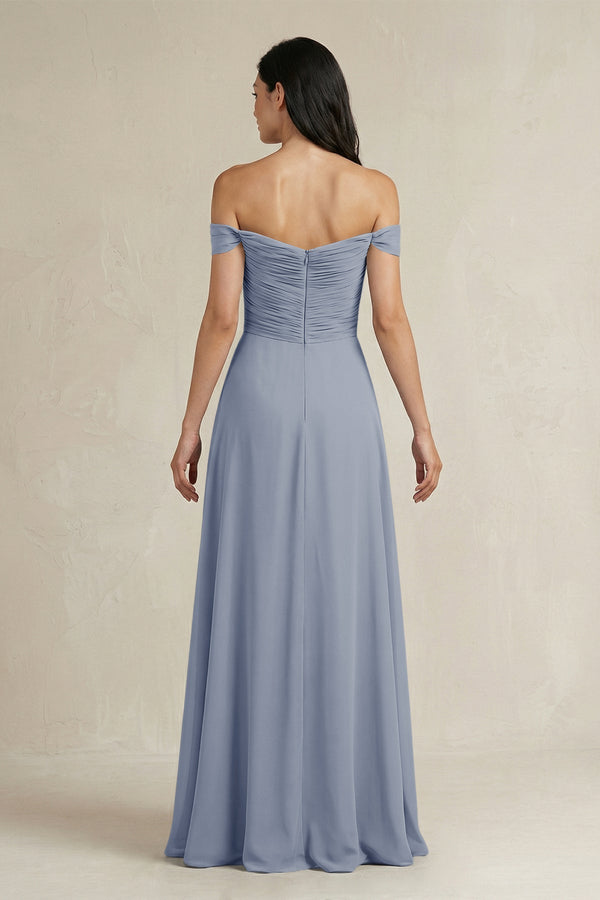 A - Line Pleated Off - the - Shoulder Chiffon Bridesmaid Dress in Twilight - KissProm Bridesmaid Dresses