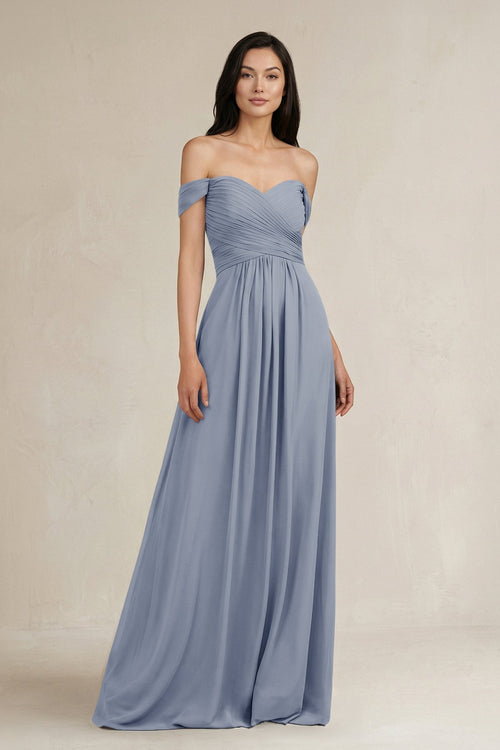 A - Line Pleated Off - the - Shoulder Chiffon Bridesmaid Dress in Twilight - KissProm Bridesmaid Dresses