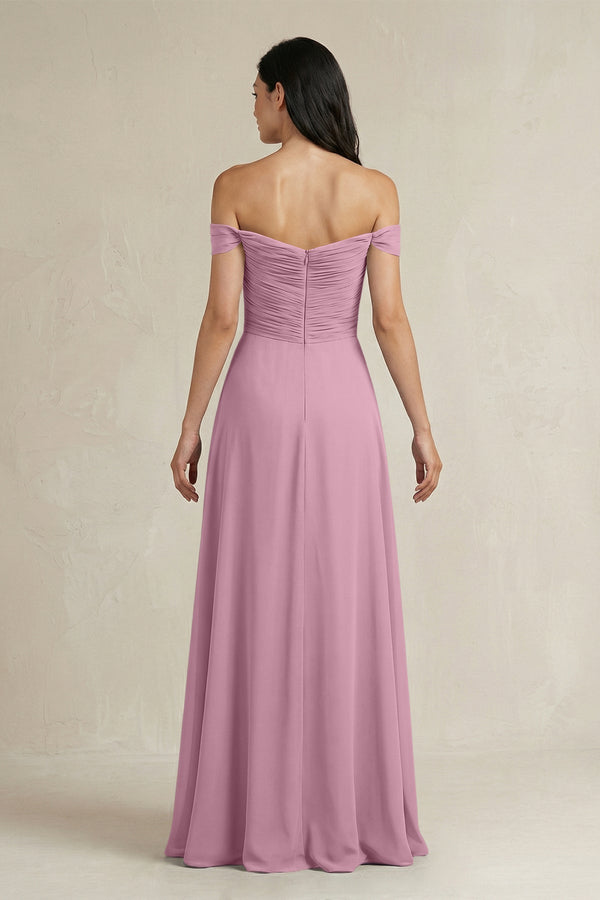 A - Line Pleated Off - the - Shoulder Chiffon Bridesmaid Dress in Vintage Mauve - KissProm Bridesmaid Dresses