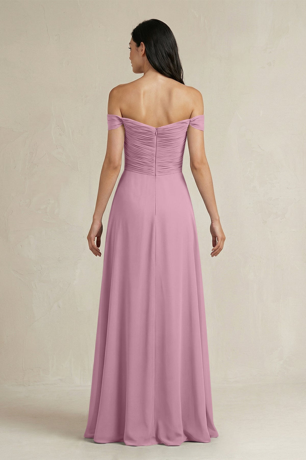 A - Line Pleated Off - the - Shoulder Chiffon Bridesmaid Dress in Vintage Mauve - KissProm Bridesmaid Dresses