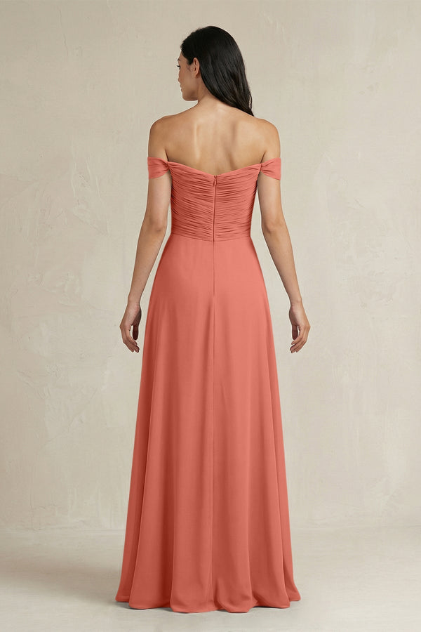 A - Line Pleated Off - the - Shoulder Chiffon Bridesmaid Dress in Wild Rose - KissProm Bridesmaid Dresses