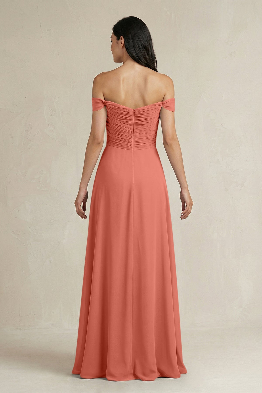A - Line Pleated Off - the - Shoulder Chiffon Bridesmaid Dress in Wild Rose - KissProm Bridesmaid Dresses