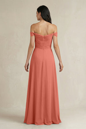 A - Line Pleated Off - the - Shoulder Chiffon Bridesmaid Dress in Wild Rose - KissProm Bridesmaid Dresses