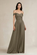 A - Line Pleated Off - the - Shoulder Chiffon Bridesmaid Dress in Willow Green - KissProm Bridesmaid Dresses