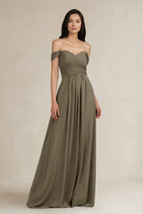 A - Line Pleated Off - the - Shoulder Chiffon Bridesmaid Dress in Willow Green - KissProm Bridesmaid Dresses