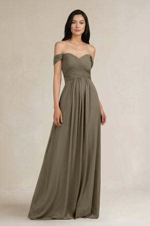A - Line Pleated Off - the - Shoulder Chiffon Bridesmaid Dress in Willow Green - KissProm Bridesmaid Dresses