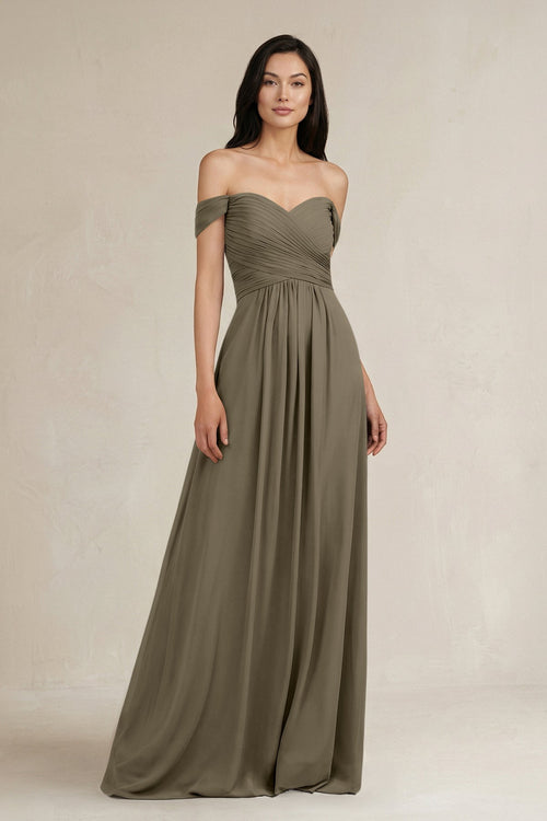 A - Line Pleated Off - the - Shoulder Chiffon Bridesmaid Dress in Willow Green - KissProm Bridesmaid Dresses