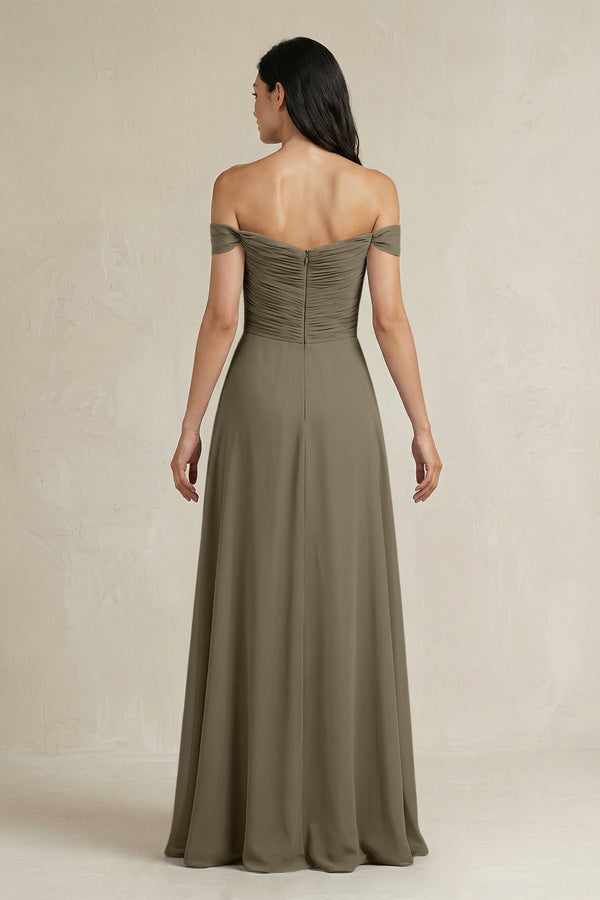 A - Line Pleated Off - the - Shoulder Chiffon Bridesmaid Dress in Willow Green - KissProm Bridesmaid Dresses